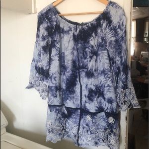 Tie-dyed, eyelet, blue, lines tunic or minidress L